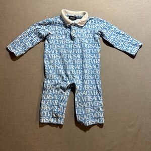 Versace Baby‎ Romper Jumpsuit Blue All Over Logo Print Collar Snap Closure 9/12M